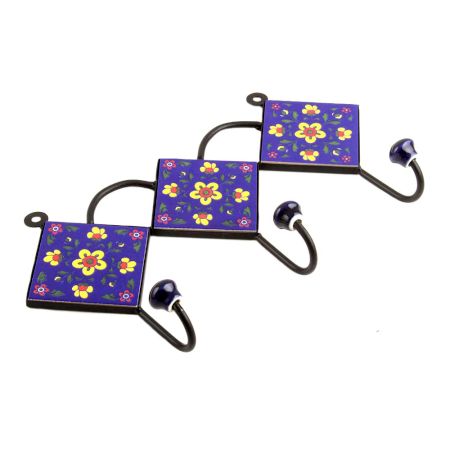 Navy Blue Yellow Floral Tiles Hook